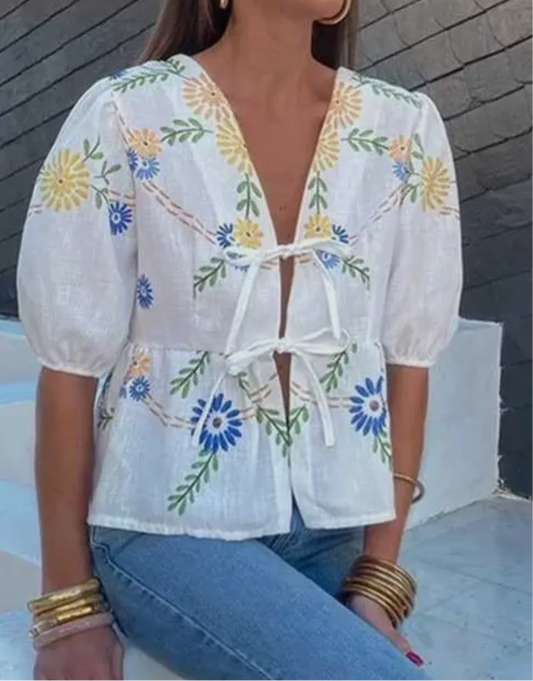 Floral Field Front Tie Blouse
