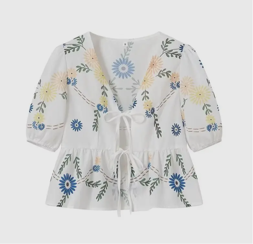 Floral Field Front Tie Blouse