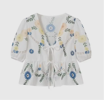 Floral Field Front Tie Blouse