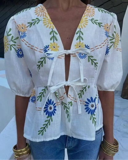 Floral Field Front Tie Blouse